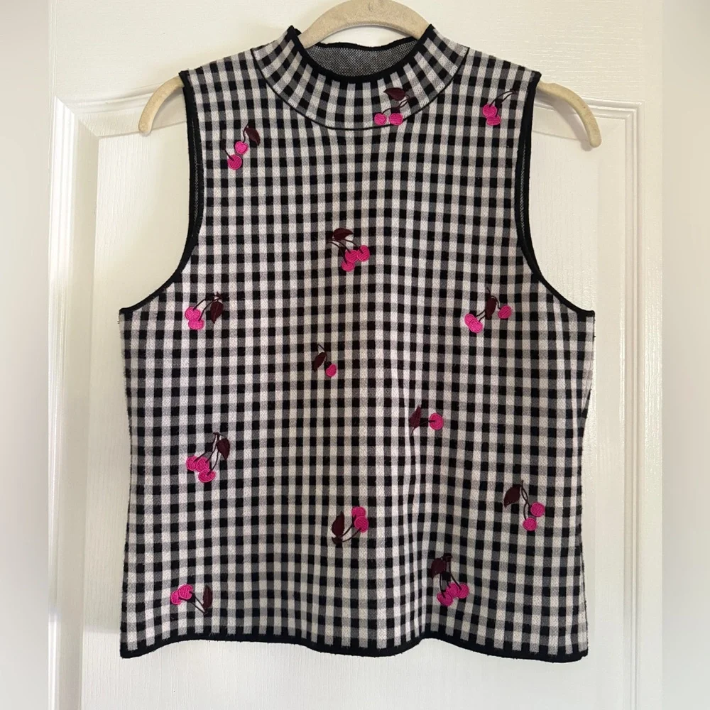 Maeve Anthropologie Sweater Vest Women’s Gingham Embroidered Cherries Large - Picture 2 of 14